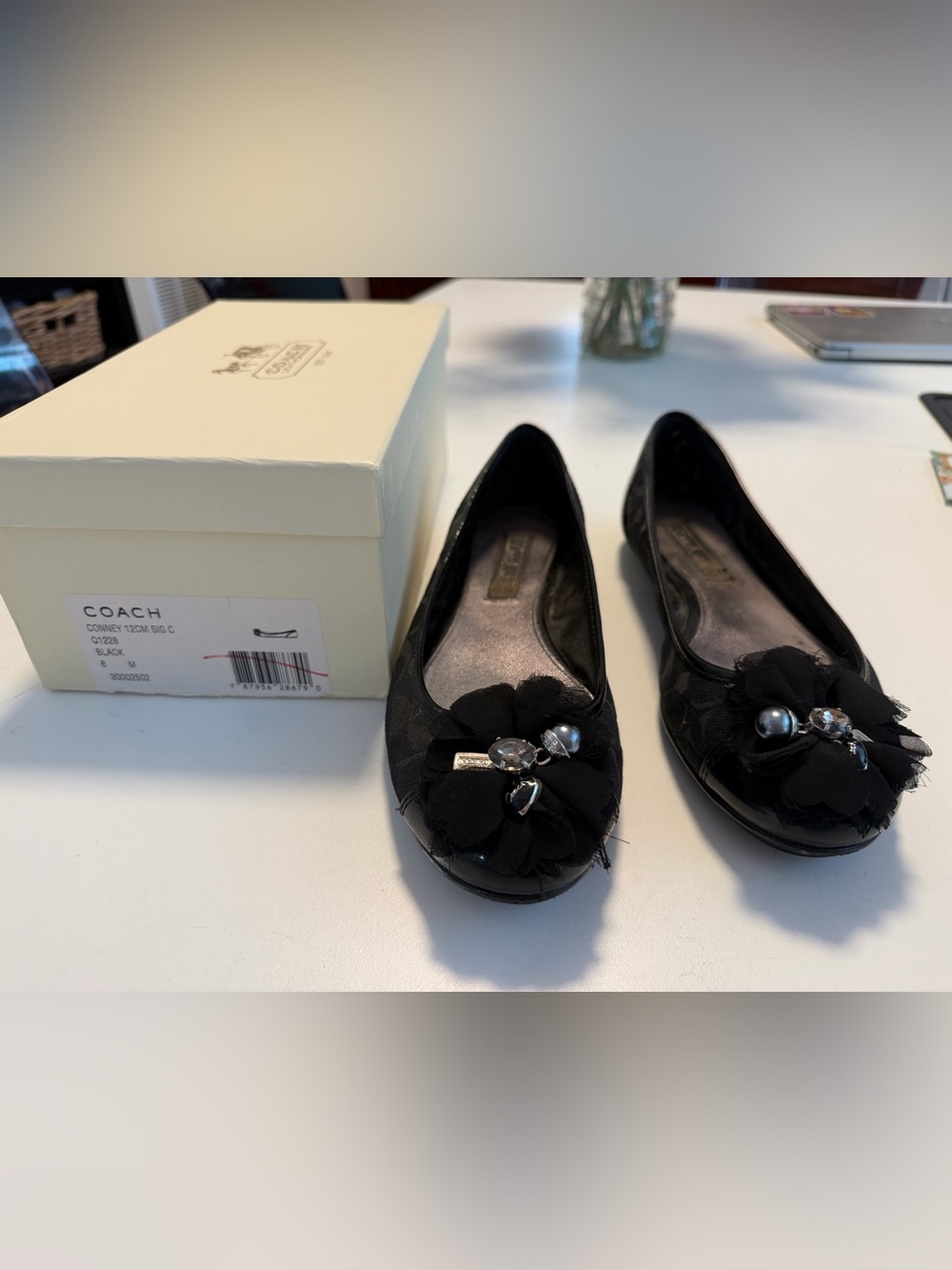 Coach Conney Black Floral Appliqué Ballet Flats with Jewel Accents